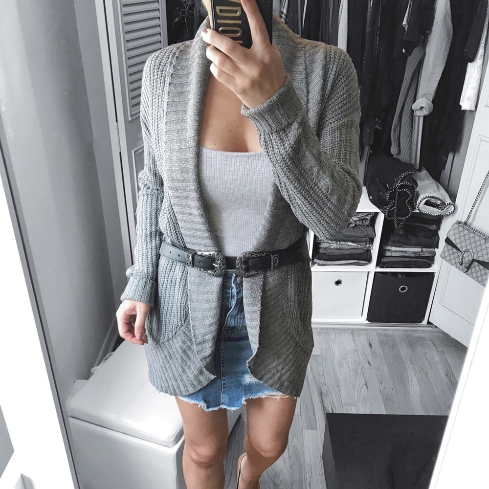 Heather Gray Open Front Knitted Cardigan